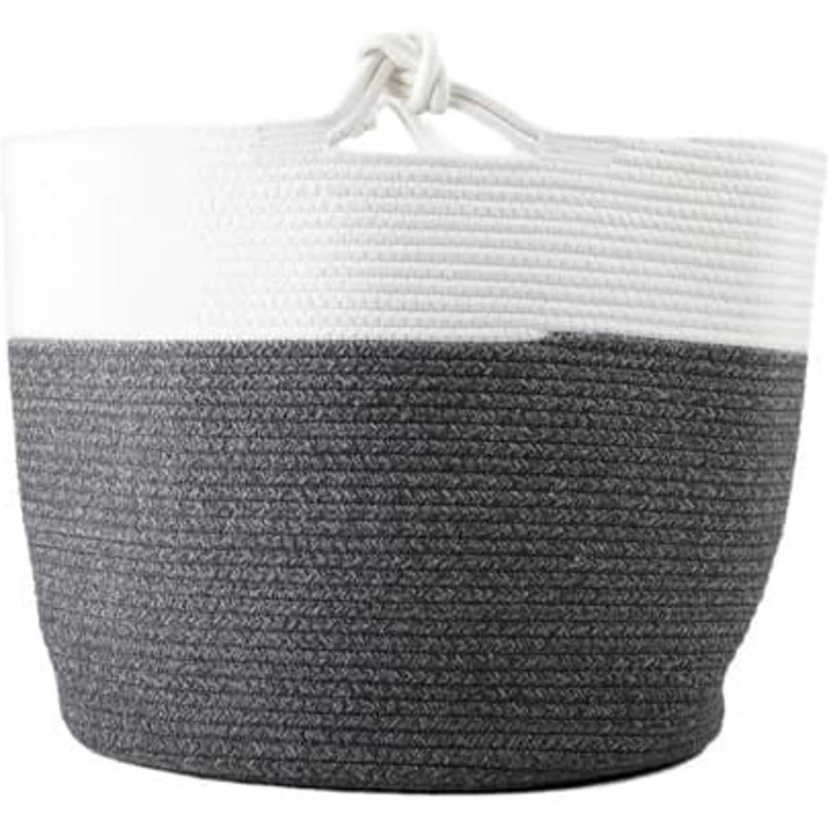 A woven rope laundry hamper in grey and white, featuring a drawstring closure and a textured design.