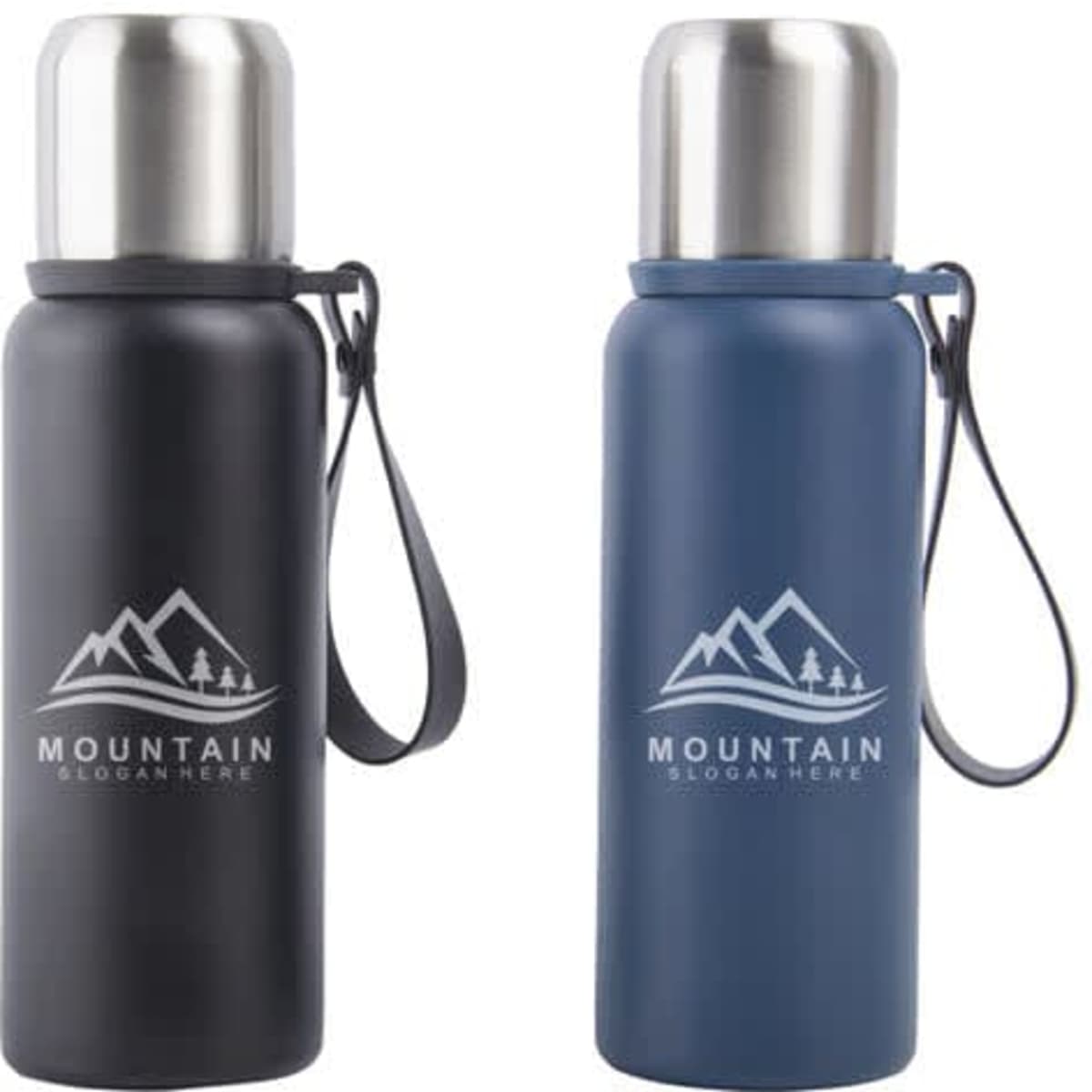 A drink bottle set featuring a black and a blue 20 oz. double wall stainless steel thermos flask with a logo.