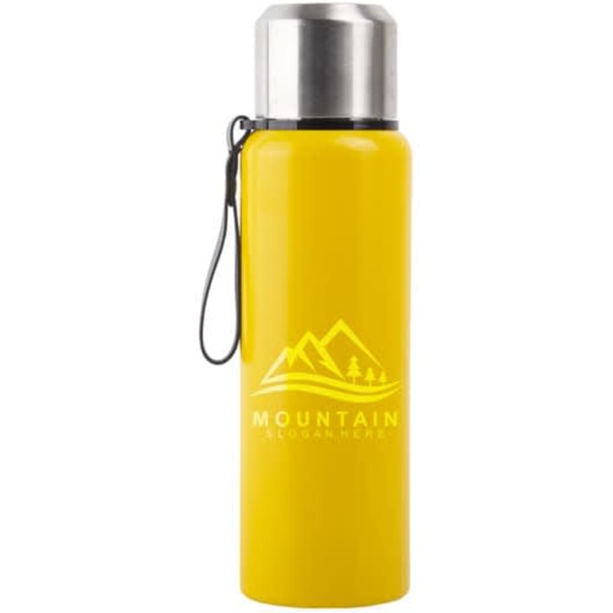 A drink bottle in bright yellow with a stainless steel lid and a logo featuring mountains.