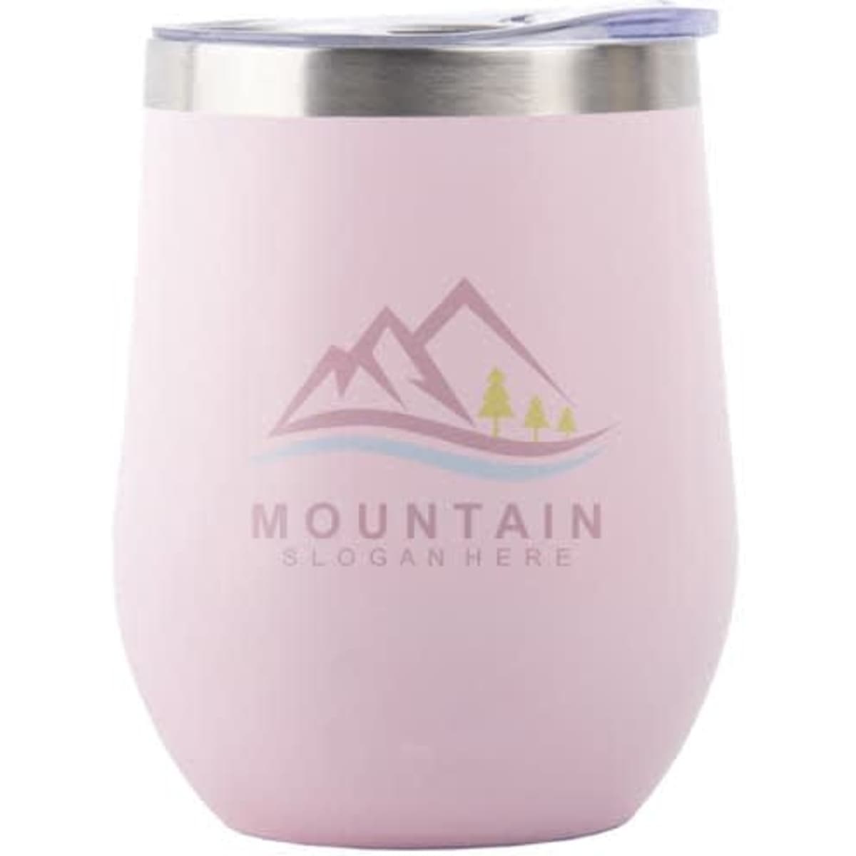 A pink stainless steel insulated wine tumbler with a lid and a logo featuring mountains and trees.
