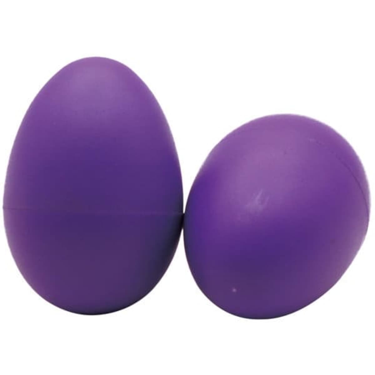 A pair of purple plastic egg shakers featuring a smooth, rounded design. One is larger than the other.