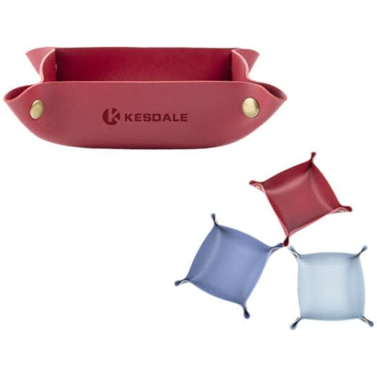 A foldable leather storage tray in red, with blue and light blue variations visible, featuring a branding logo.