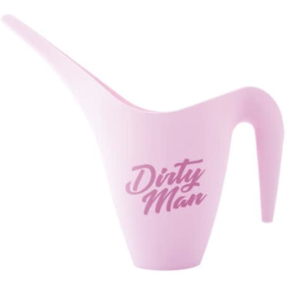 A pink plastic long mouth watering can with a curved handle and a logo on the side.