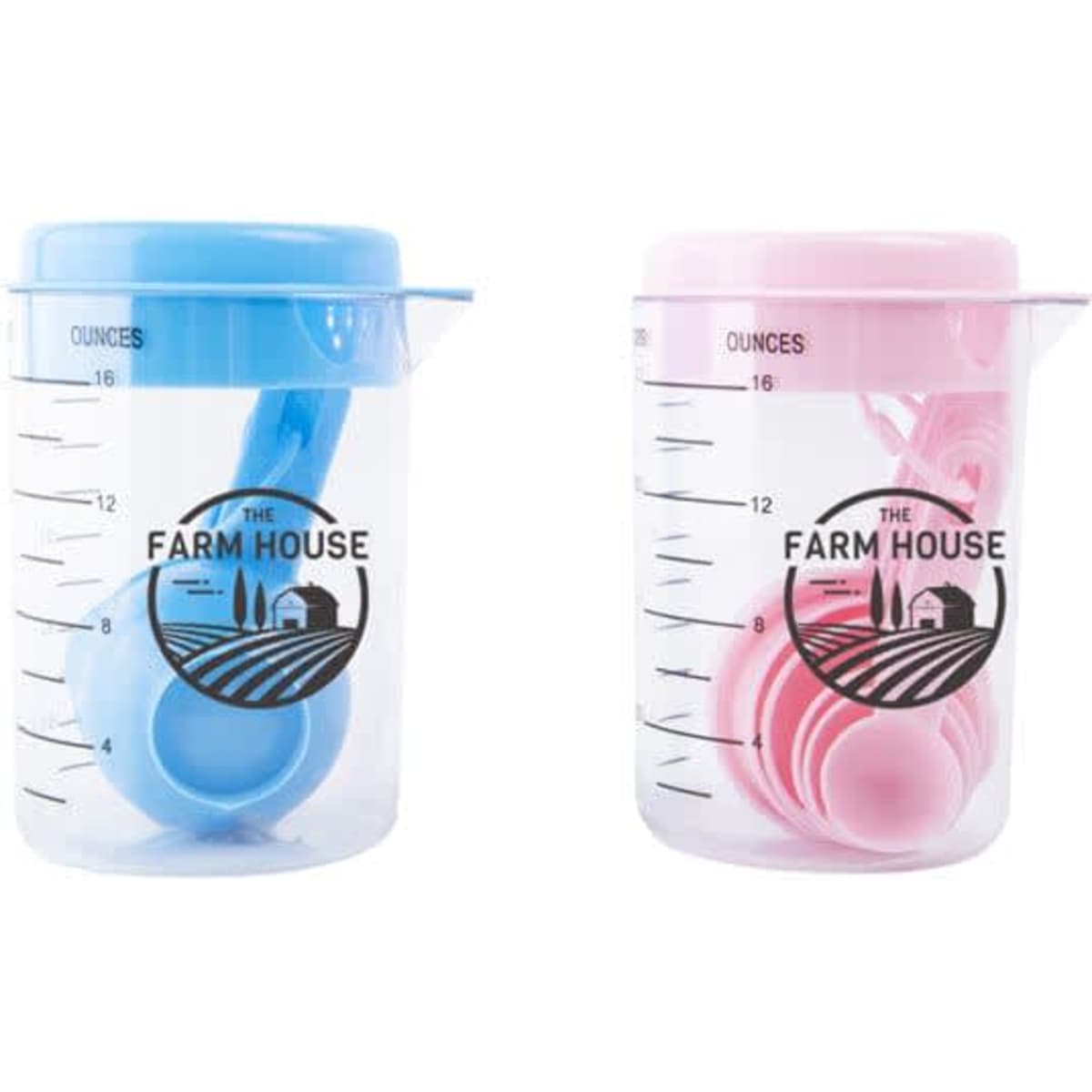 Two transparent measuring cups in blue and pink, each containing measuring spoons, featuring a logo.