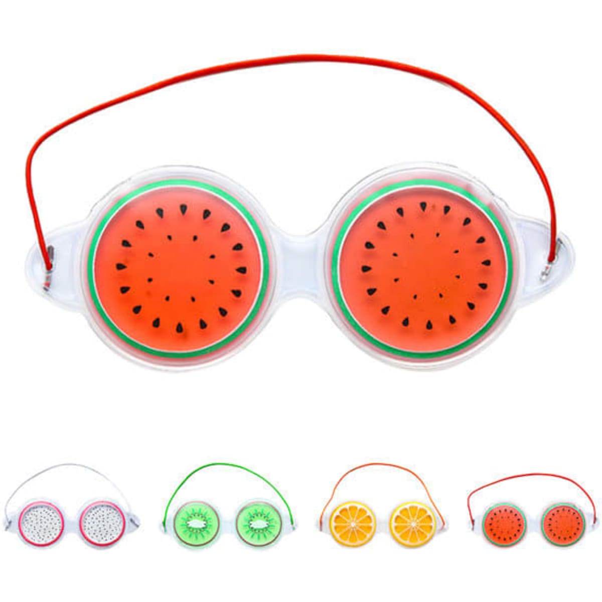A fruit-themed gel eye mask with watermelon design, featuring red and green colours and a red strap.