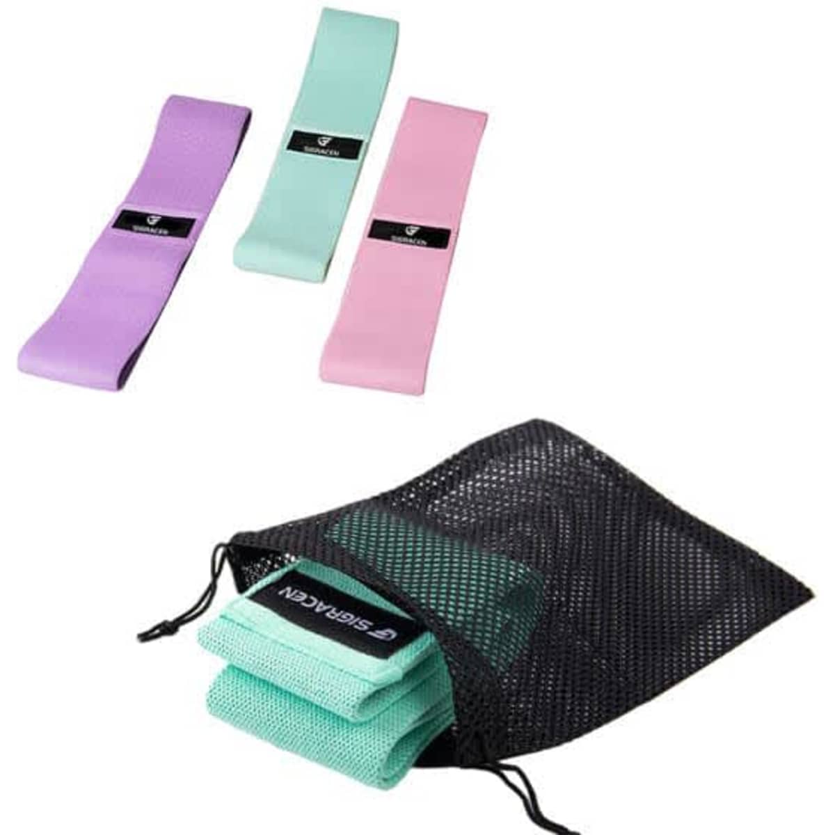 Three yoga resistance bands in purple, mint green, and pink, presented with a black mesh storage bag.