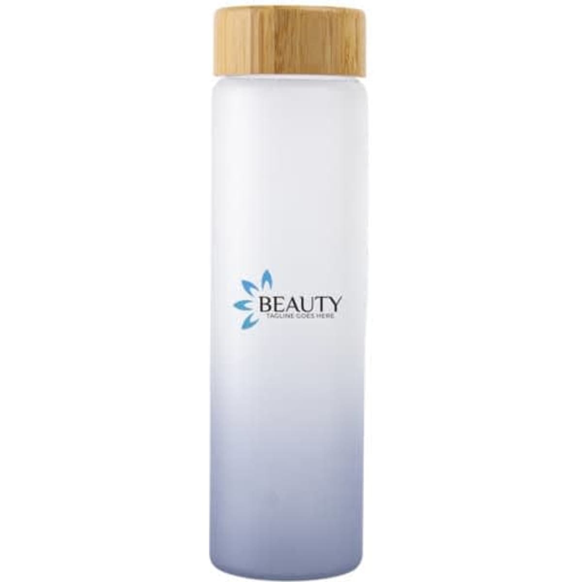 A drink bottle with a gradient design in frosted white to blue, featuring a bamboo lid and a logo.