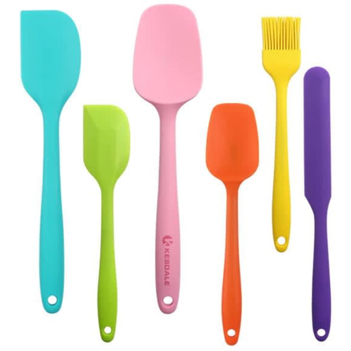 A set of six silicone spatulas in various colours: turquoise, pink, green, orange, yellow, and purple. Includes multiple styles.