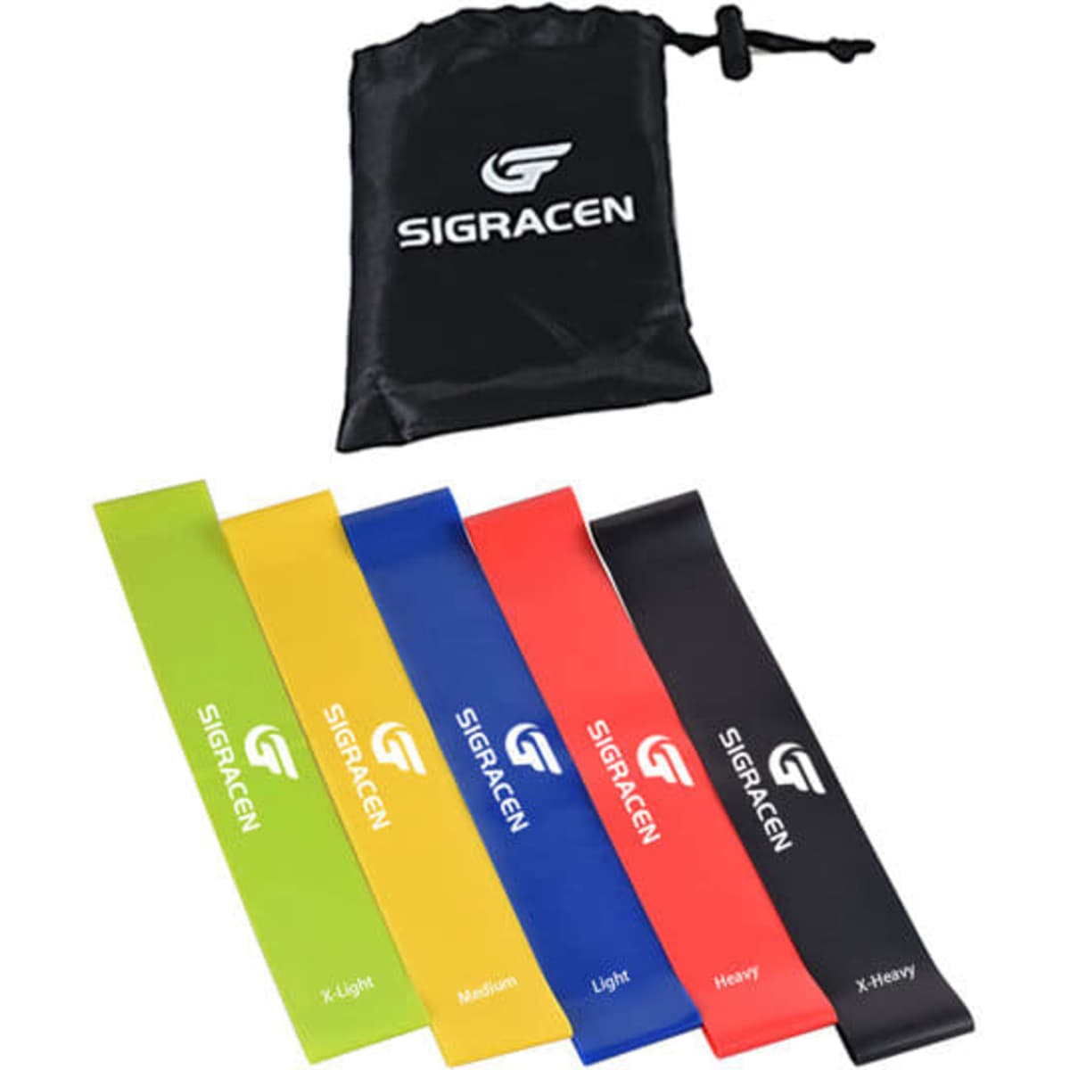 A set of five resistance loop bands in green, yellow, blue, black, and red, with a black drawstring bag.