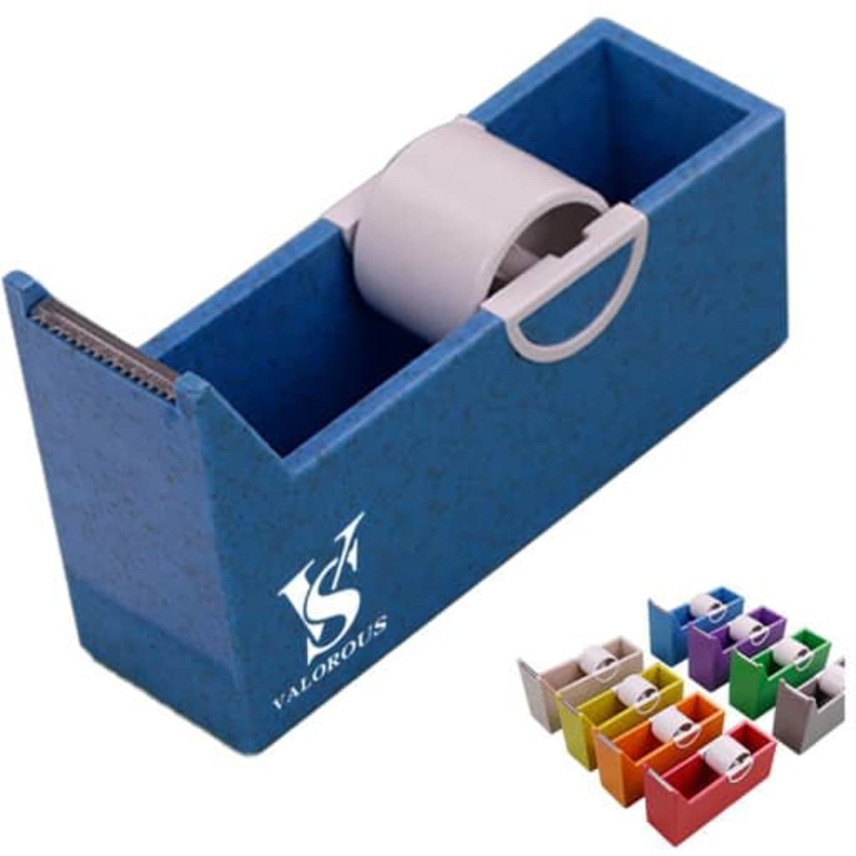 A blue square plastic tape dispenser with a roll of tape and various coloured dispensers arranged in front.