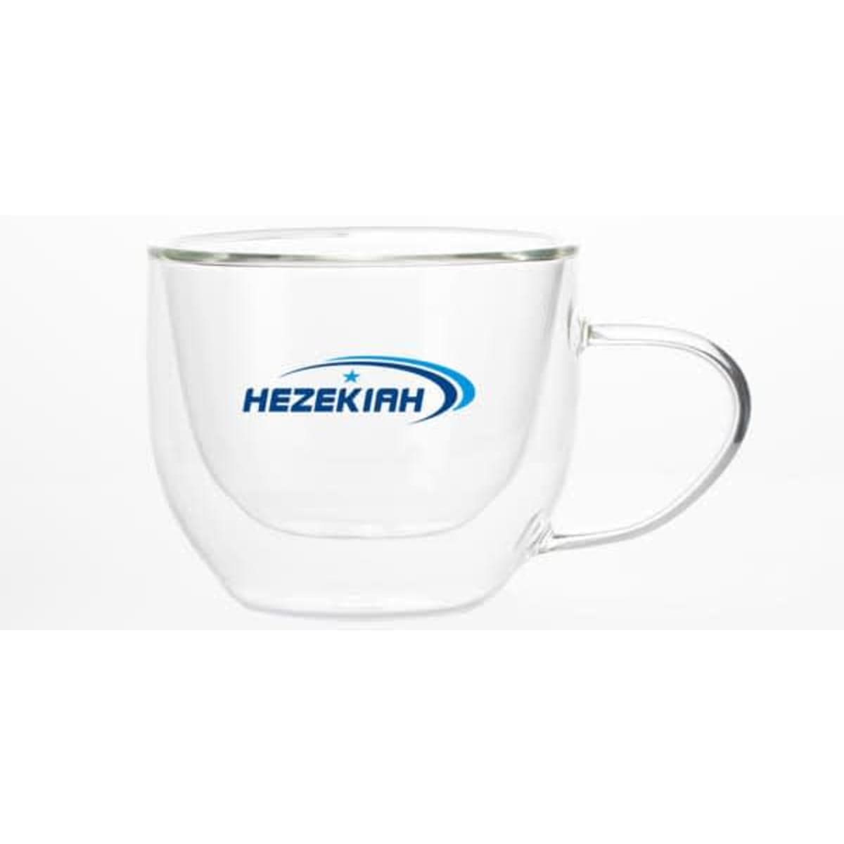 A double-layer glass mug with a handle, featuring a transparent design and a logo.