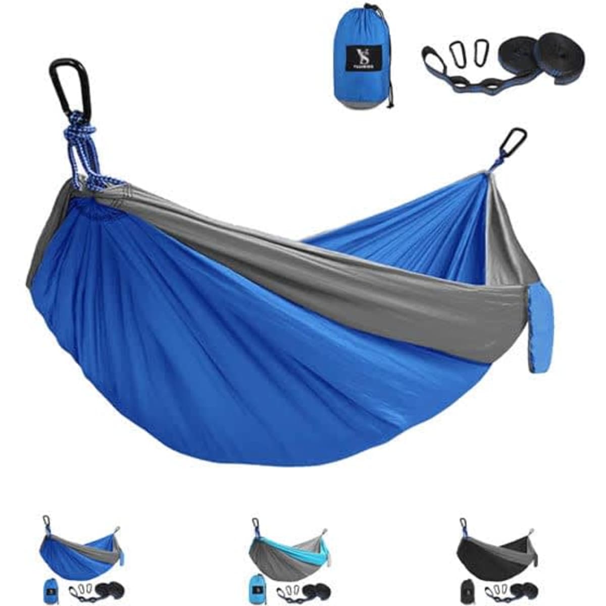 A double-coloured portable camping hammock in blue and grey, with a storage bag, straps, and carabiners included.
