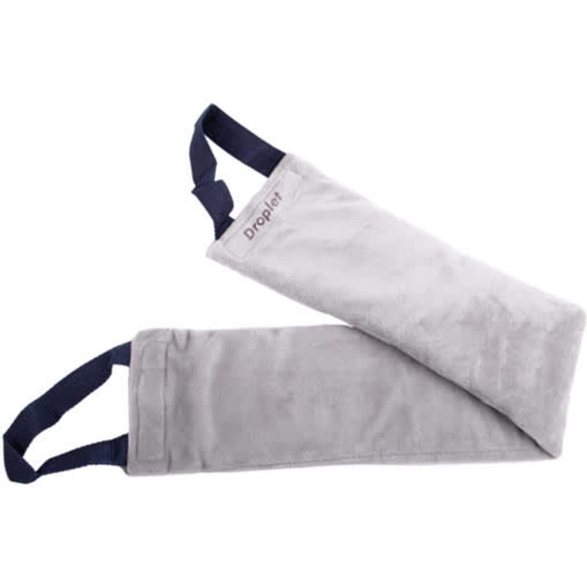 A grey therapeutic neck wrap with navy straps, designed for hot and cold therapy. It features a logo.