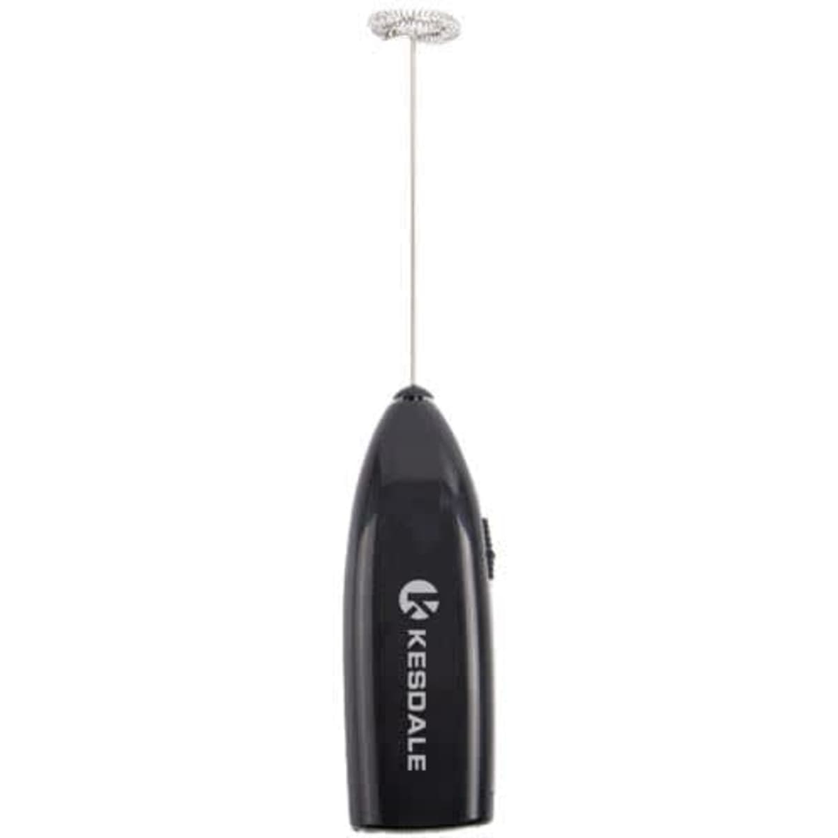 A black electric handheld frother with a whisk attachment, featuring a logo on the body.