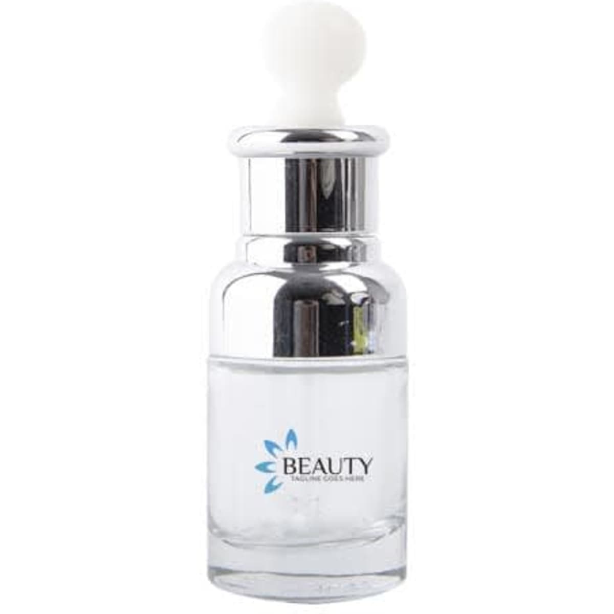 A 30ml glass dropper bottle with a clear body and chrome accents, featuring a white dropper top and branding.