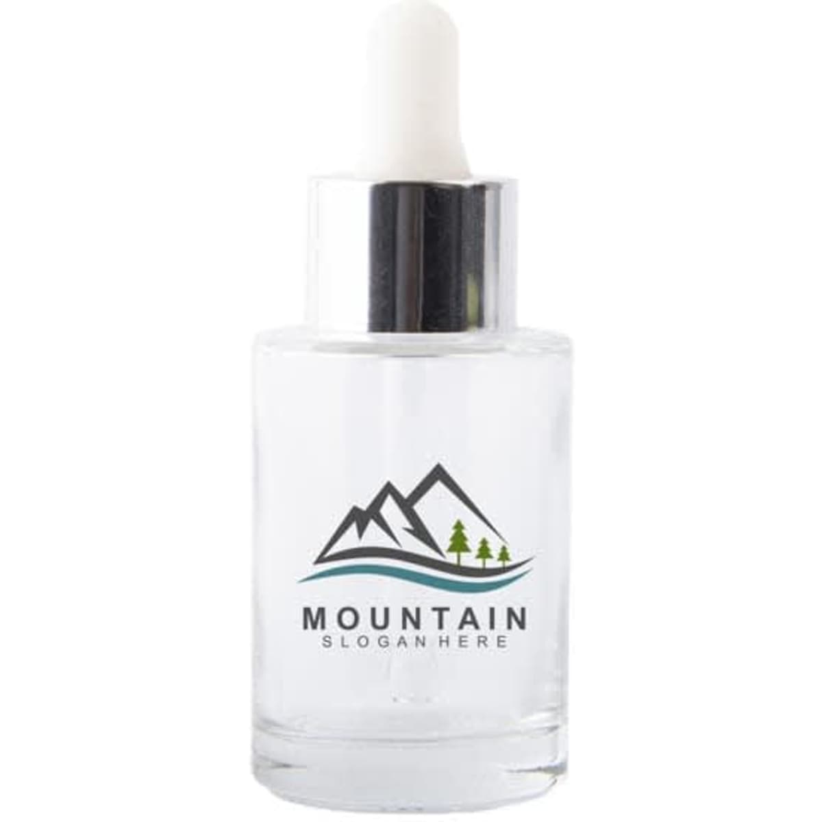 A clear glass dropper bottle with a white dropper top and a simple logo featuring mountains and trees.