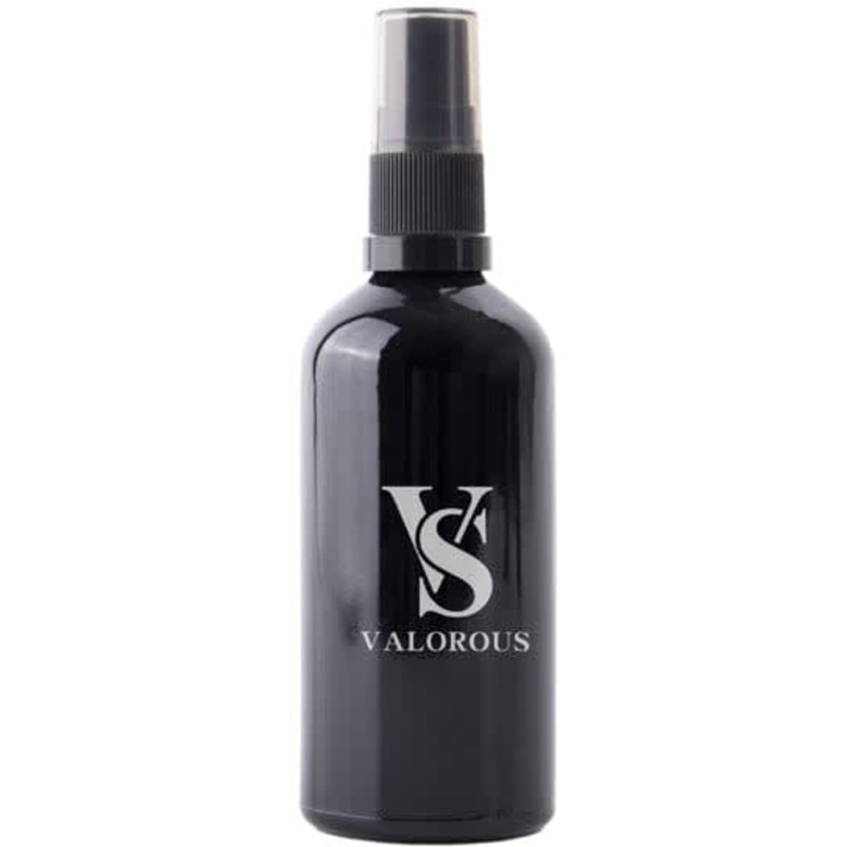 A black glass spray bottle with a transparent nozzle, featuring a logo on the front.