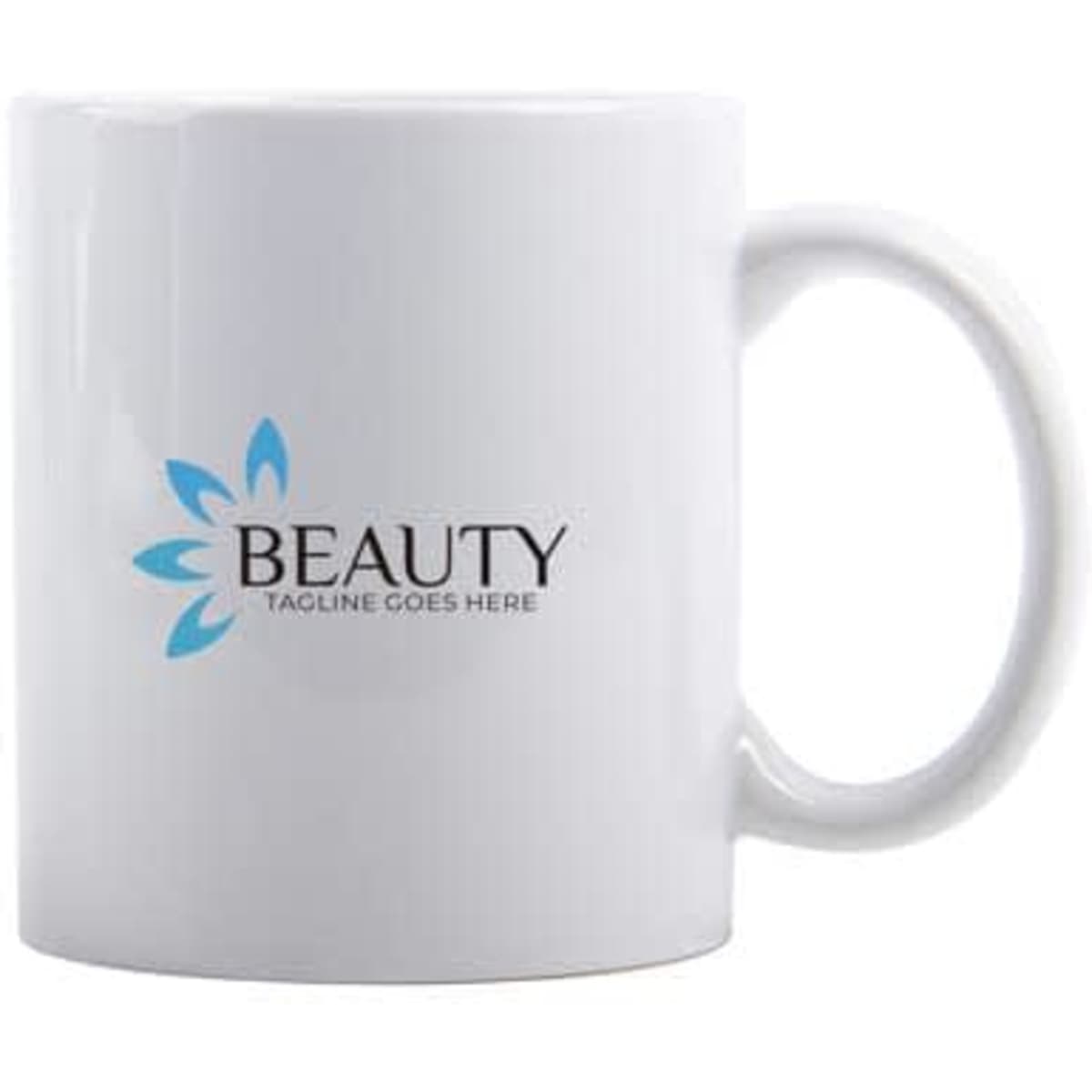 A white ceramic mug with a handle featuring a logo and blue floral design.