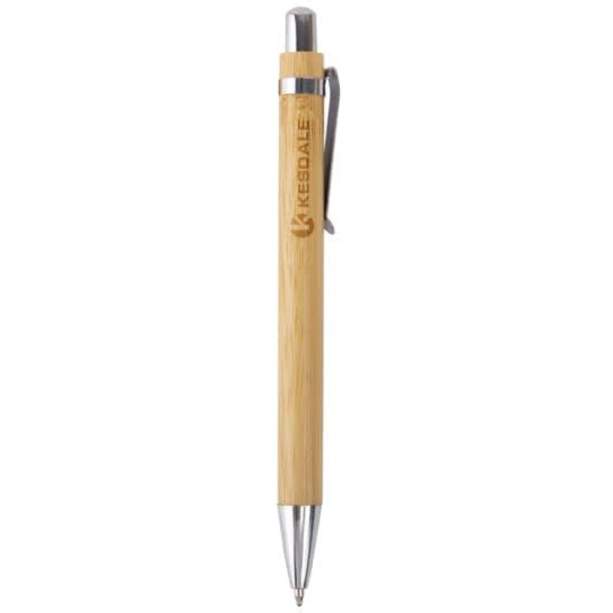 A bamboo retractable ballpoint pen with a silver clip and a logo on the barrel.