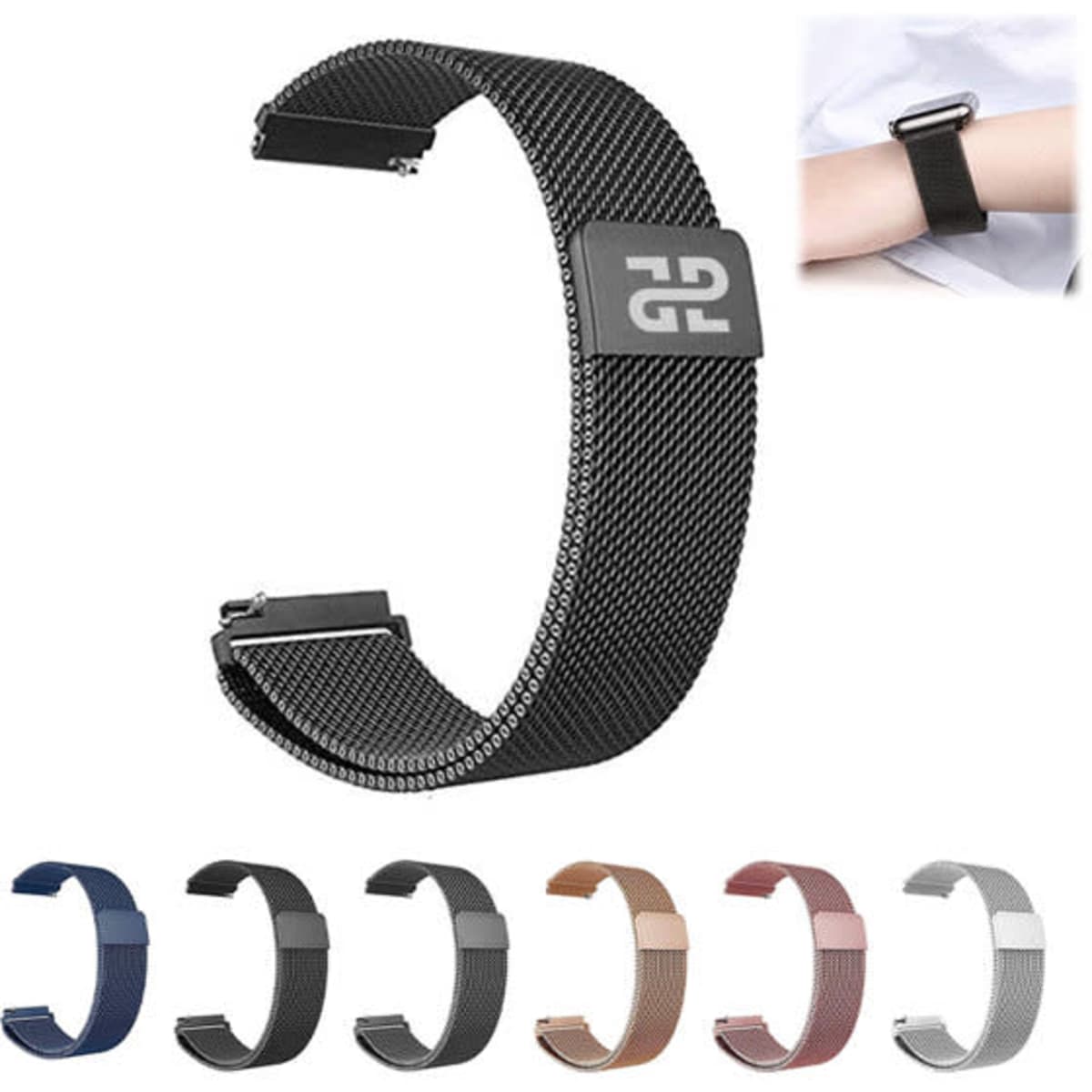 A mesh stainless steel watch band in various colours, displayed on a wrist and as a standalone product.