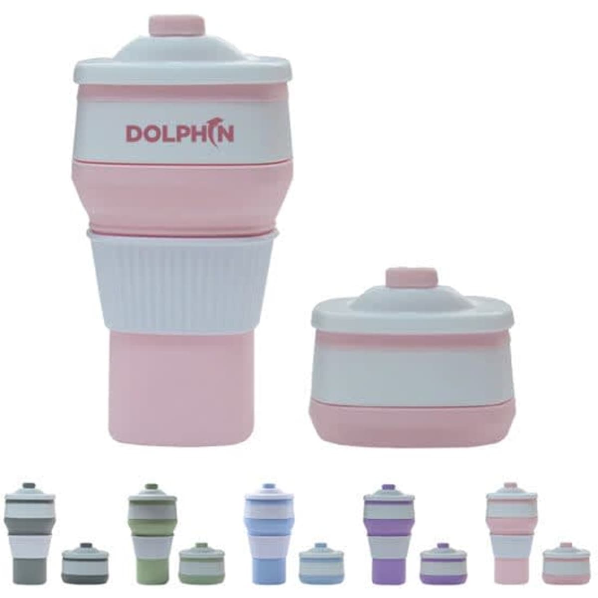 A drink bottle in pink and white silicone, featuring a logo, designed to be foldable for travel convenience.