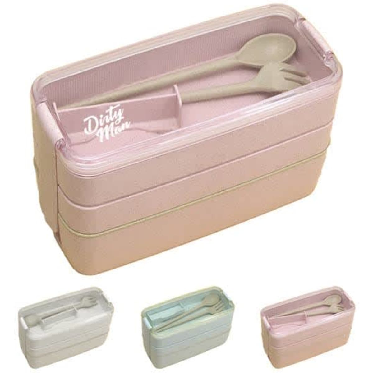A three-layer bento box in pink with utensils included. Available in additional colours: white, blue, and green.