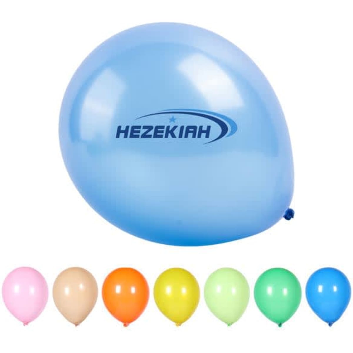 A blue latex thick party balloon with a logo, alongside balloons in pink, peach, orange, yellow, green, and blue.
