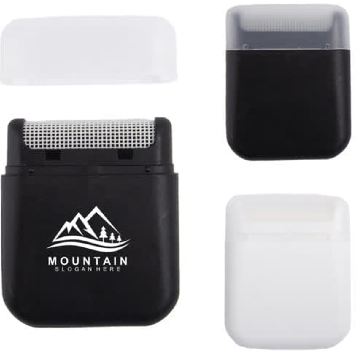A manual hair ball remover in black and white, featuring a textured surface and a logo on one side.