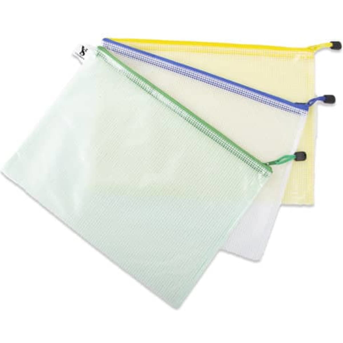 Three mesh clear zipper file pouches in green, yellow, and blue, featuring different coloured zip closures.