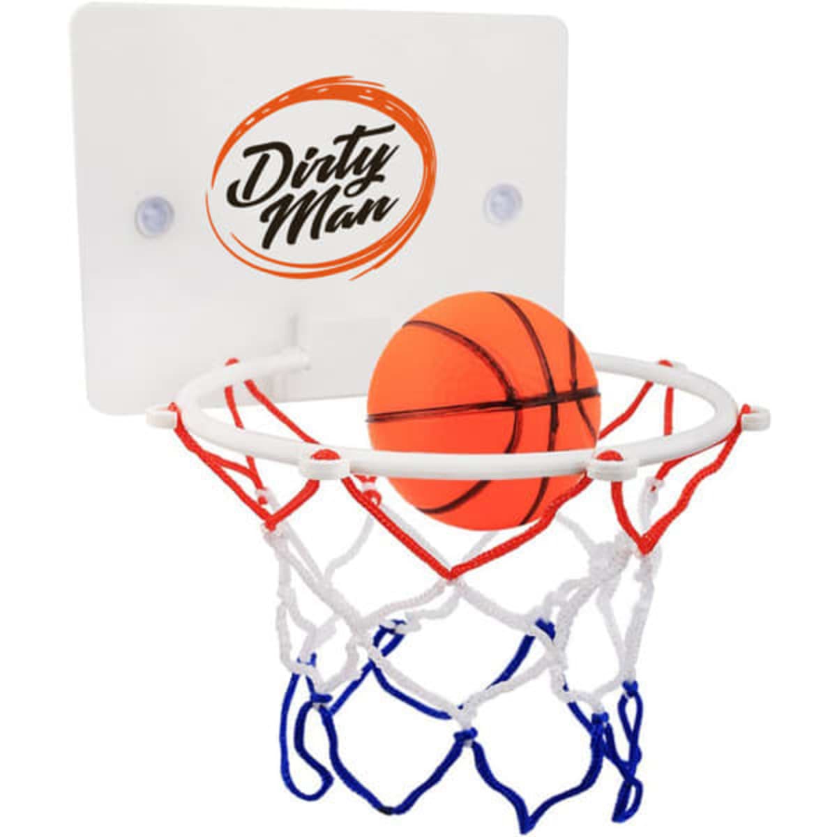A mini basketball hoop with a suction cup, featuring a bright orange basketball and a white backboard with a logo.