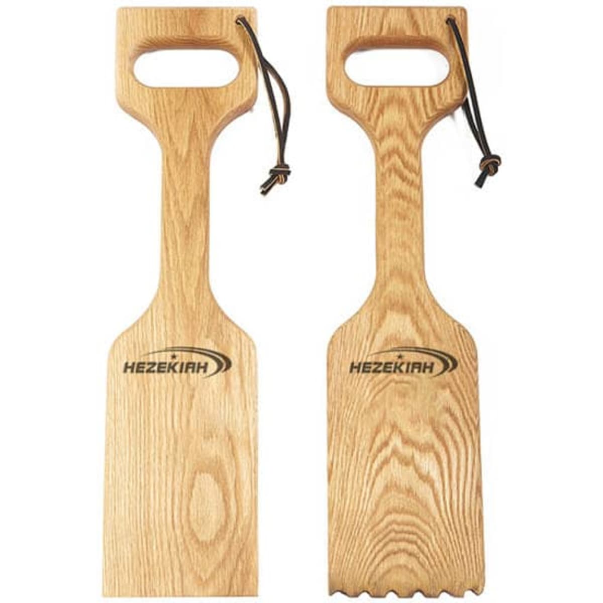 A wooden BBQ grill scraper with an opener featuring a smooth finish and a leather loop for easy hanging.