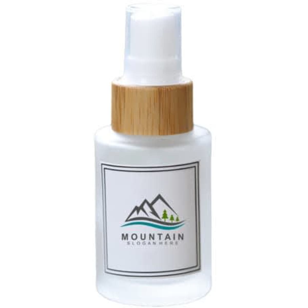 A frosted glass spray bottle with a white and bamboo cap, featuring a logo.
