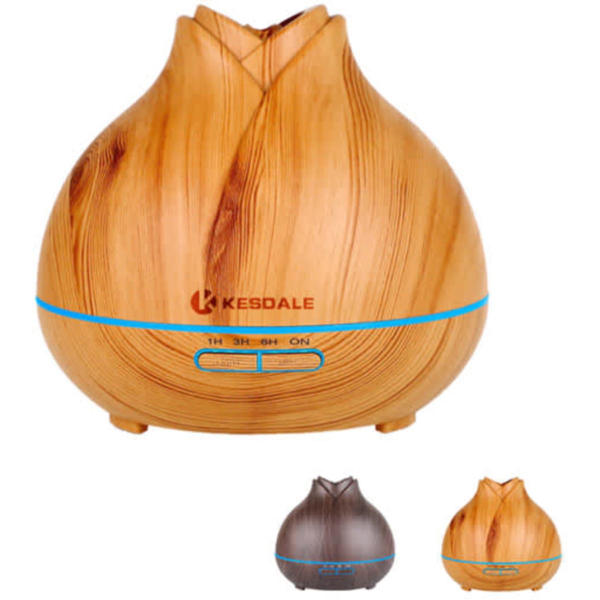 A wood grain ultrasonic aromatherapy humidifier in light brown, featuring a logo and control buttons on the front.