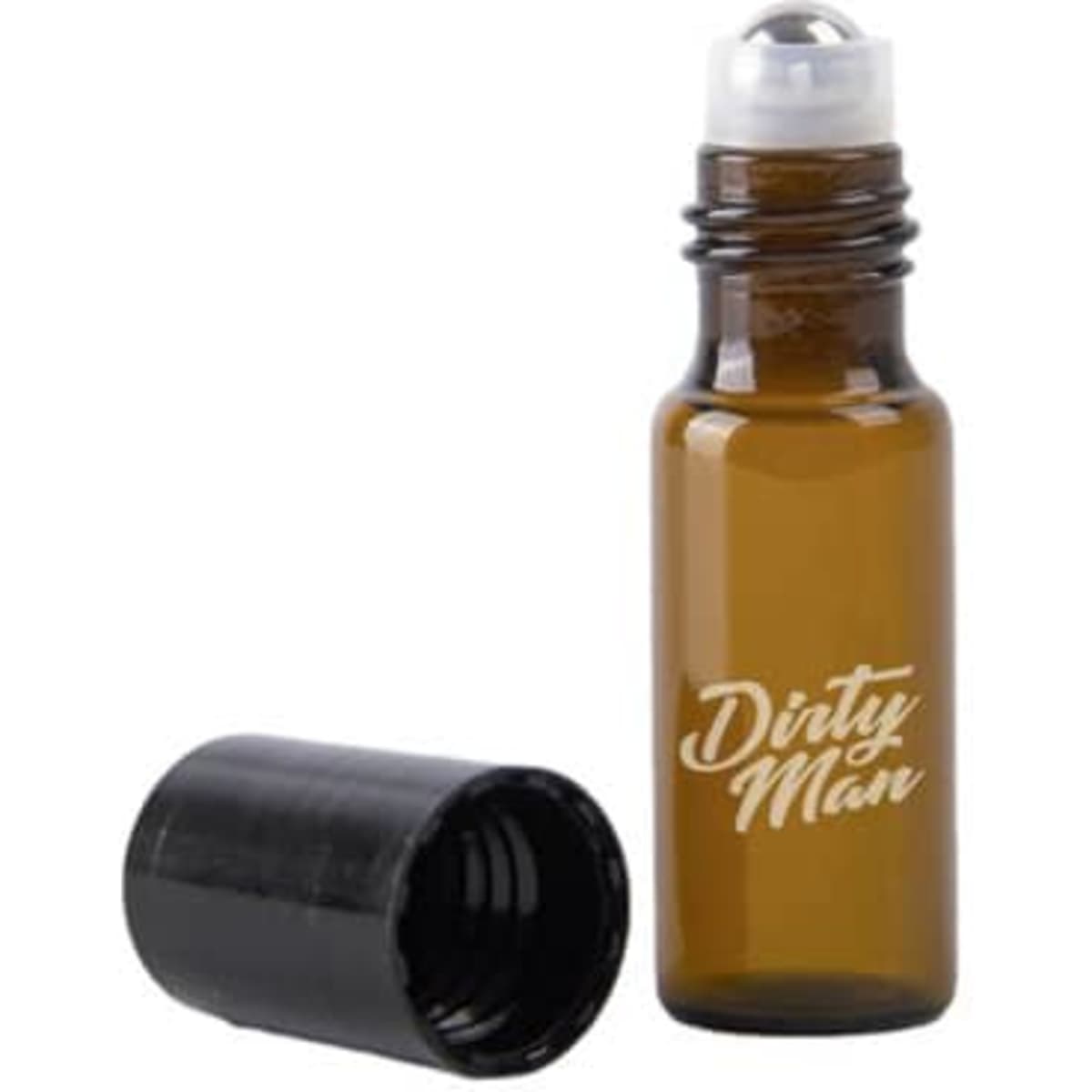 An amber glass roll-on bottle with a black cap and a logo on the side. Holds 5ml.