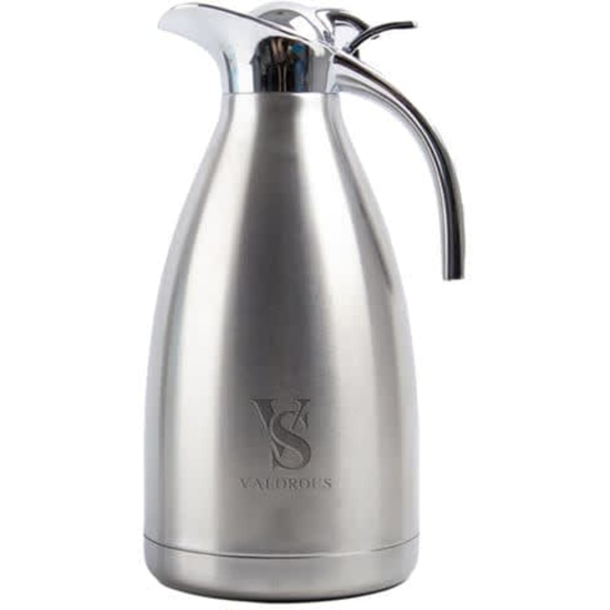 A stainless steel thermal coffee carafe with a sleek design and a shiny silver finish, featuring a logo.