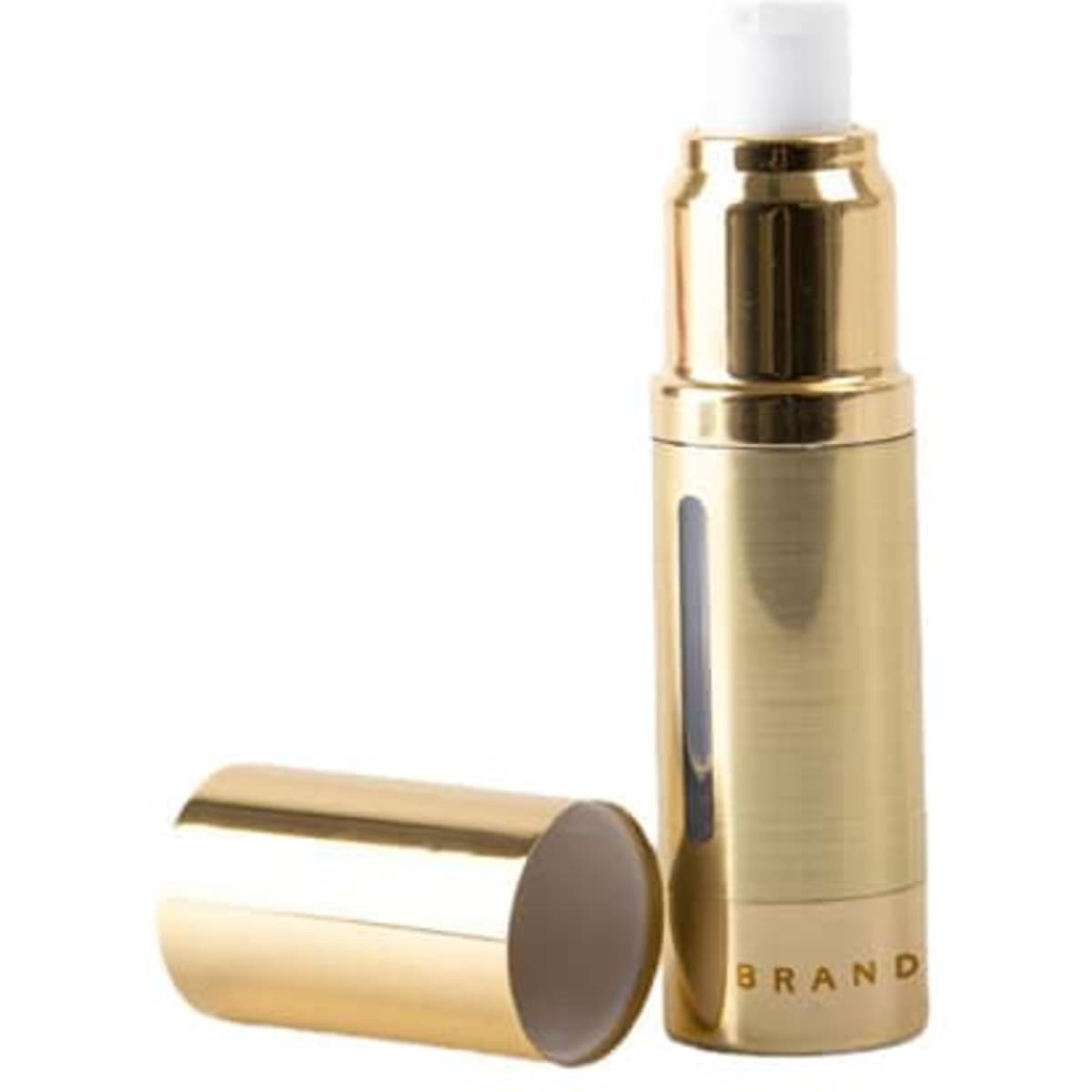A gold airless pump bottle with a removable cap. It features a sleek, metallic finish and has a logo.