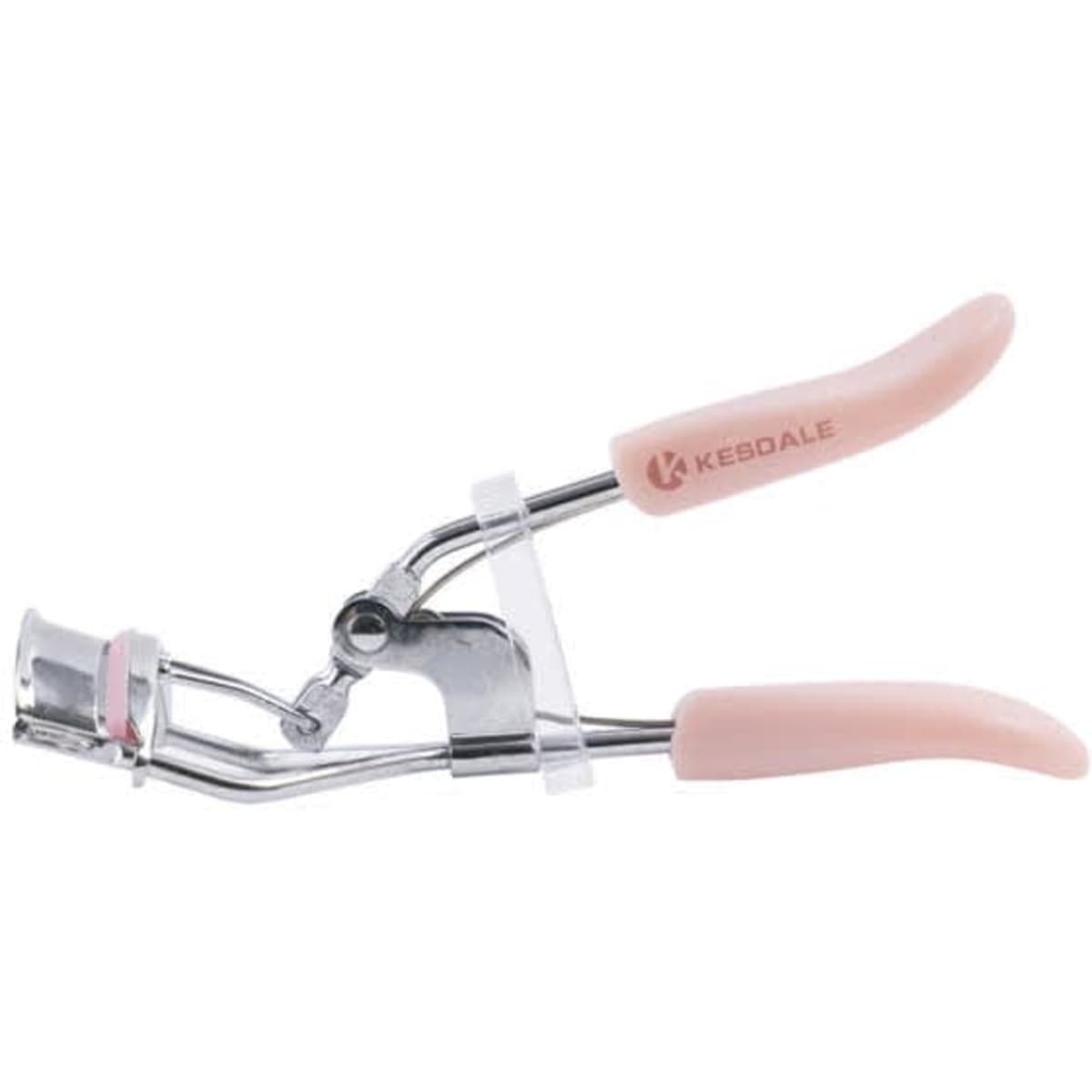 A stainless steel eyelash curler with pink rubber grips and a silver metal frame. It features a logo on the handle.