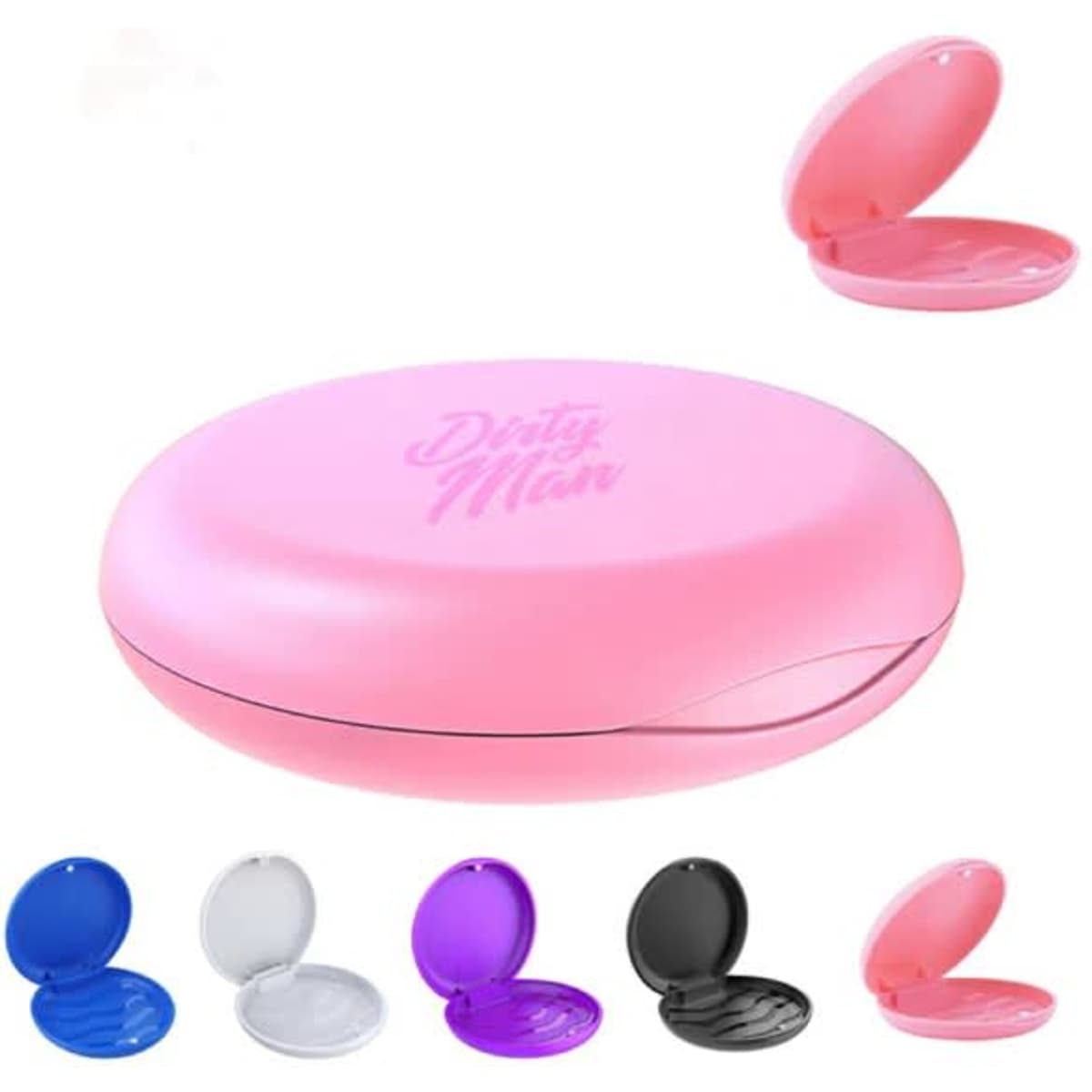 A pink orthodontic retainer case with an interior lid, alongside cases in purple, white, and black.
