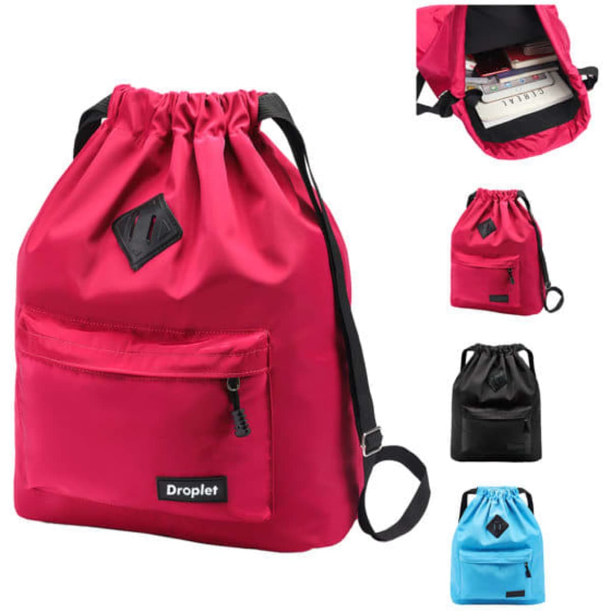 A nylon water-resistant drawstring backpack in pink, featuring a front pocket and adjustable straps. Available in other colours.
