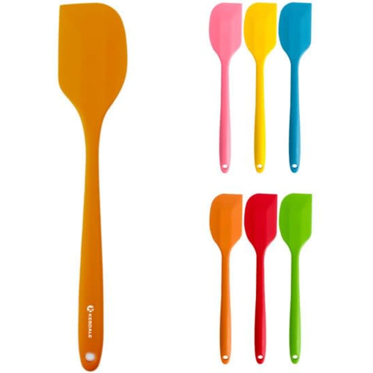 An array of eco-friendly silicone spatulas in vibrant colours: orange, pink, yellow, blue, green, and red, with branding.