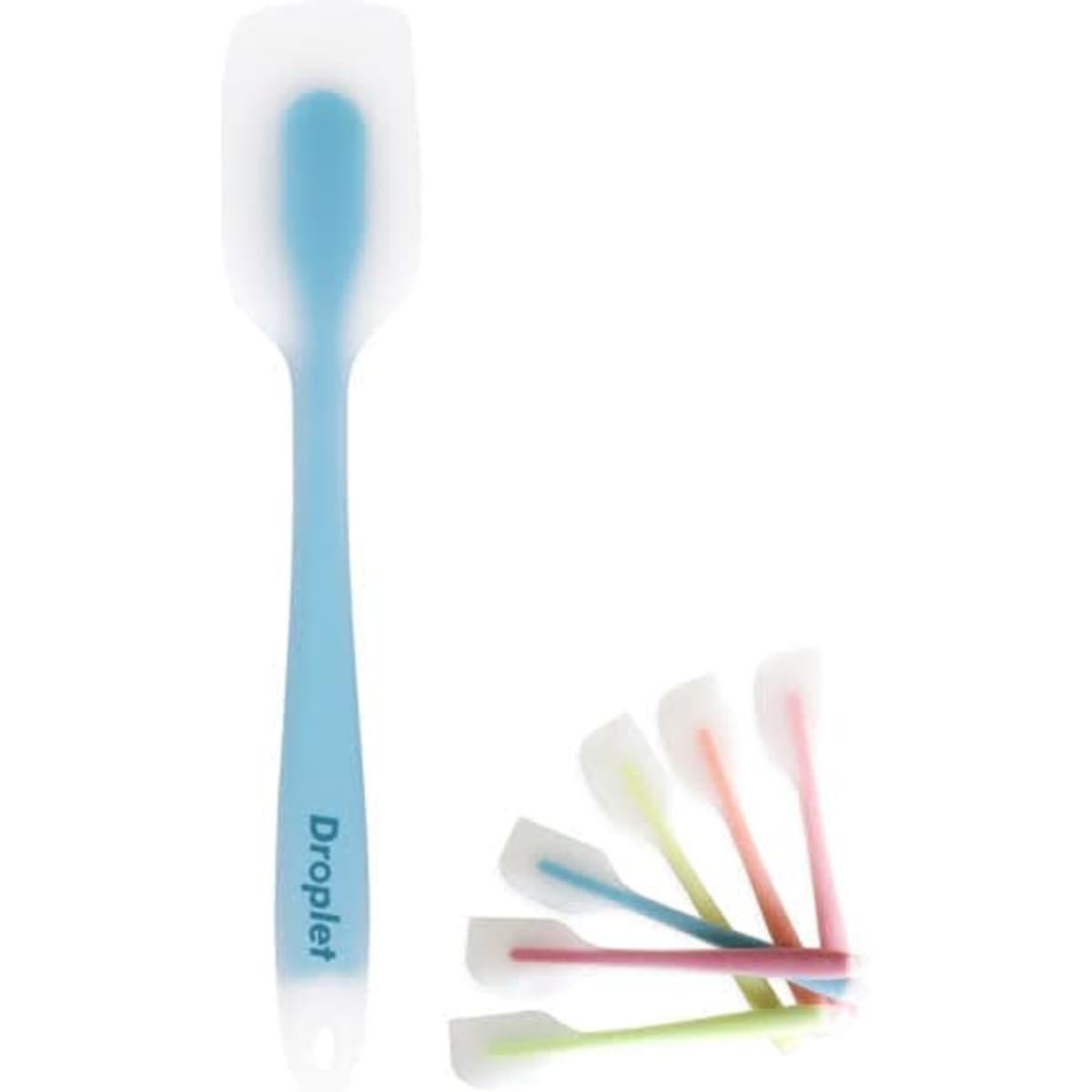A translucent silicone spatula in blue, surrounded by various pastel-coloured spatulas. The product has a logo.