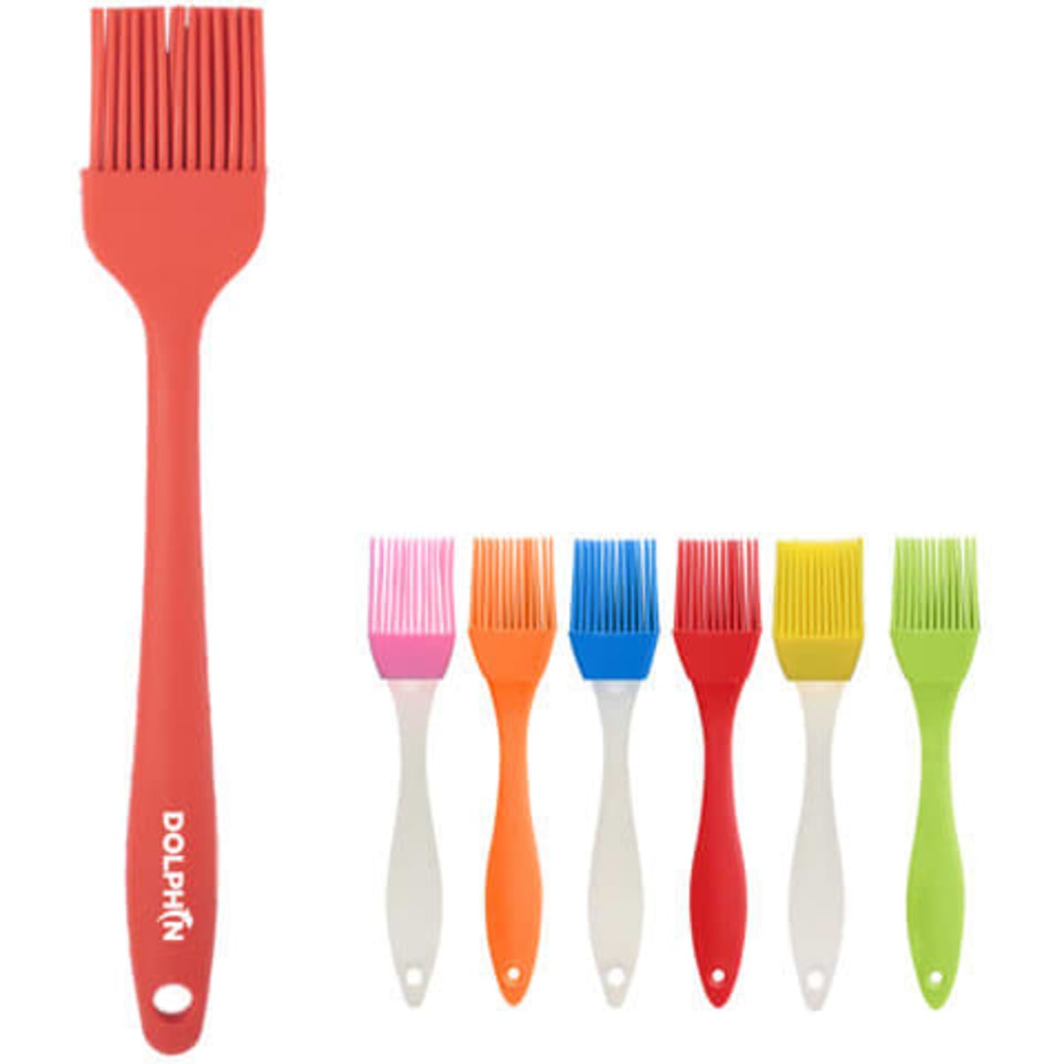 A set of heat-resistant silicone pastry brushes in various colours, including red, pink, orange, yellow, and green.
