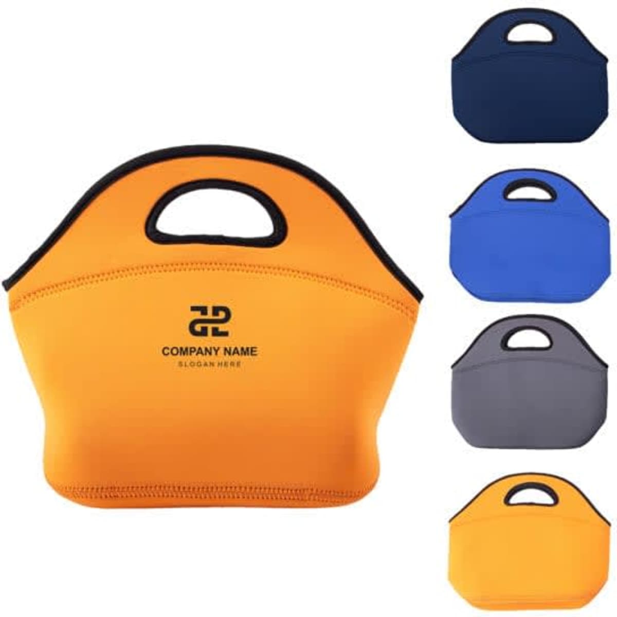 A collection of colourful neoprene lunch bags in orange, navy, blue, and grey, each featuring a logo.