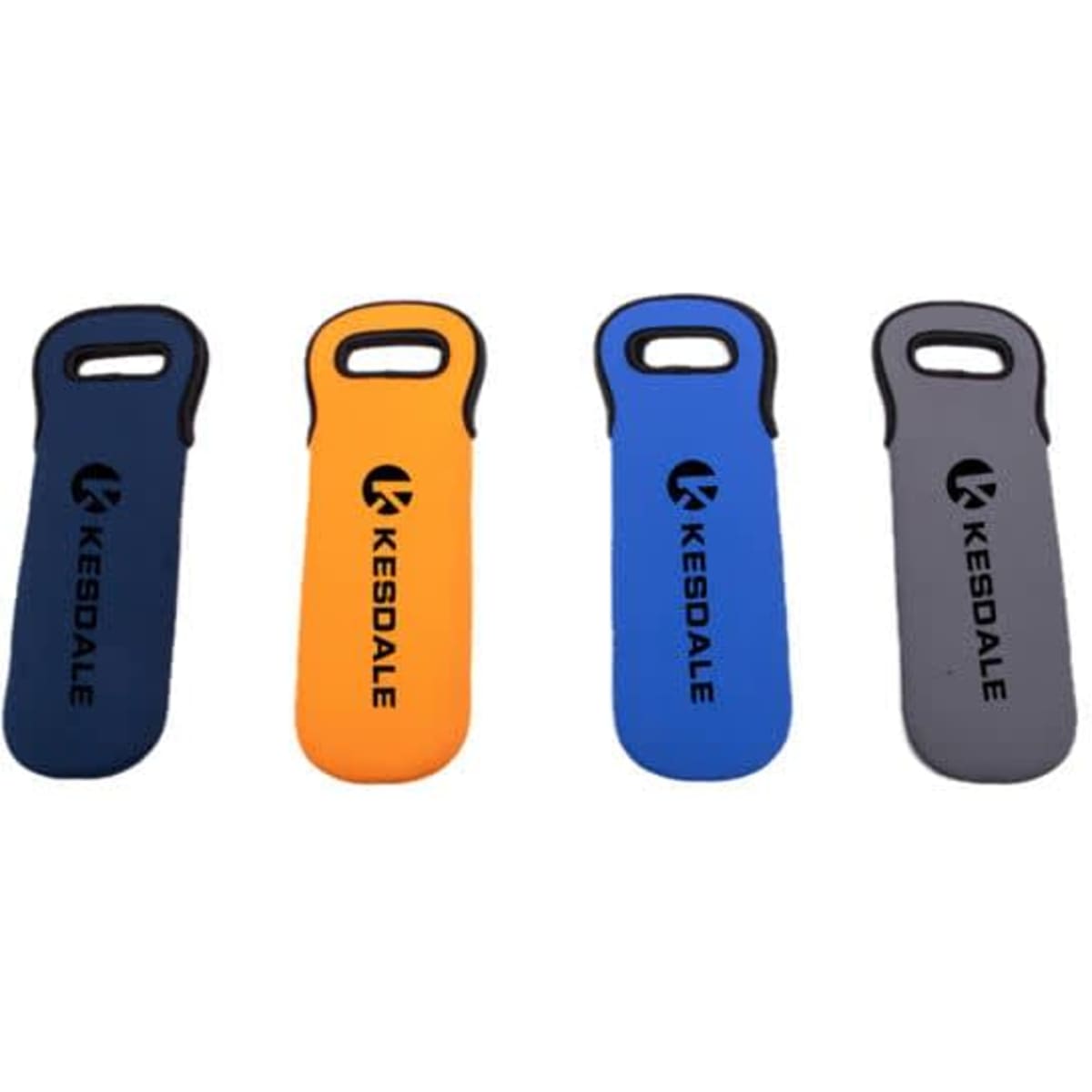A drink bottle holder set in navy blue, orange, and grey neoprene, featuring logos on each holder.