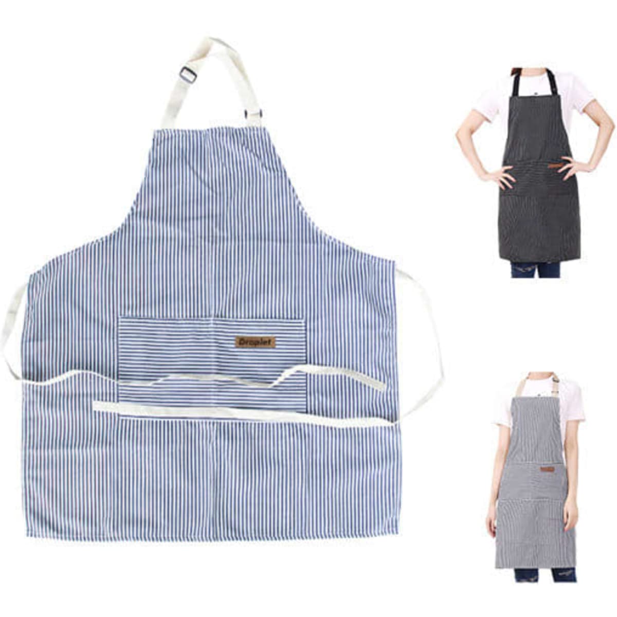 A striped kitchen apron in blue and white with two pockets, featuring a logo.