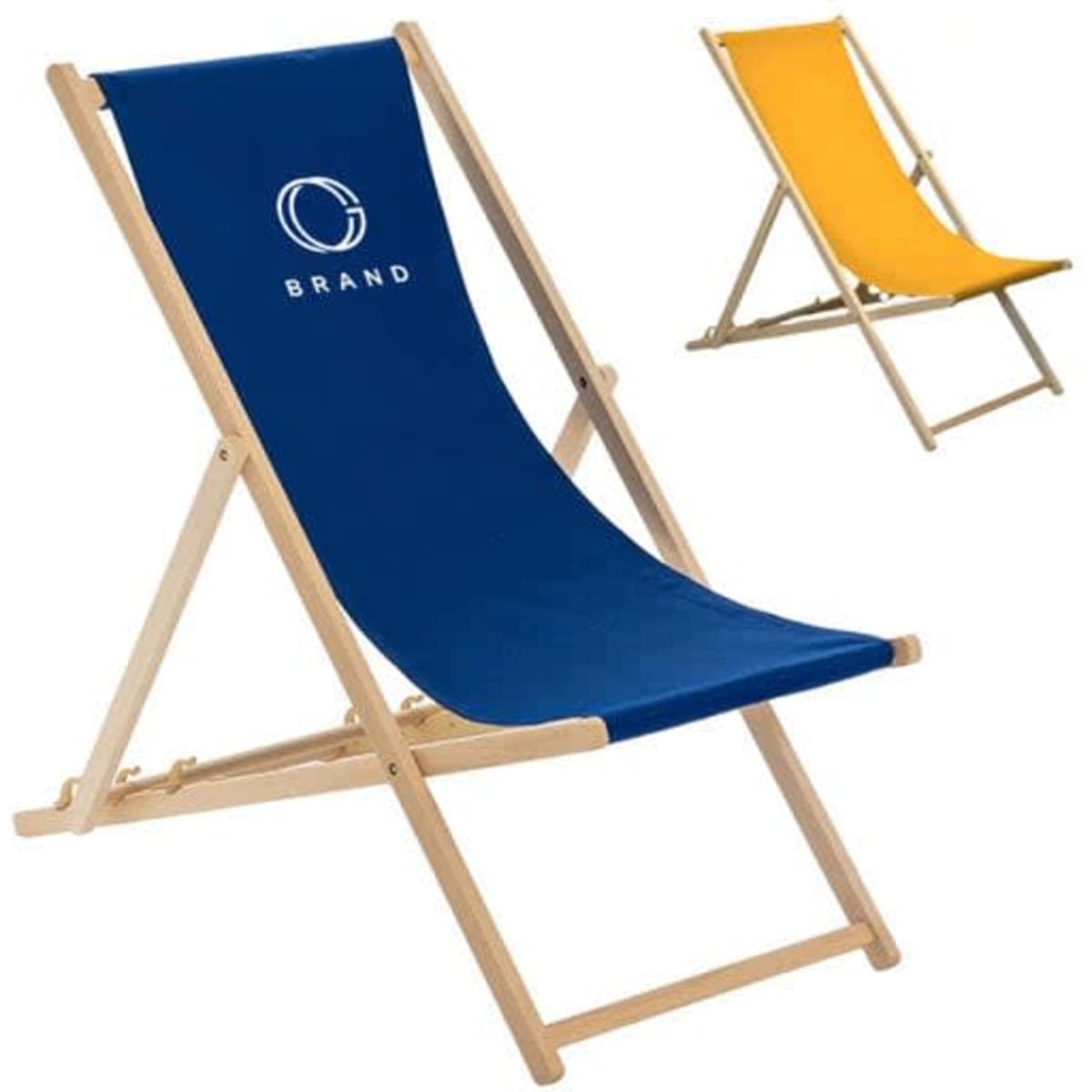 An adjustable folding beach sling chair in navy blue and yellow, featuring a branding logo, with a wooden frame.