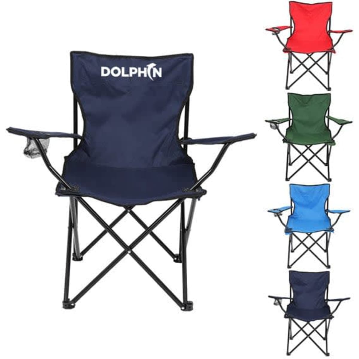 A folding camping chair in navy with a logo, displayed alongside red, green, blue, and black chairs.