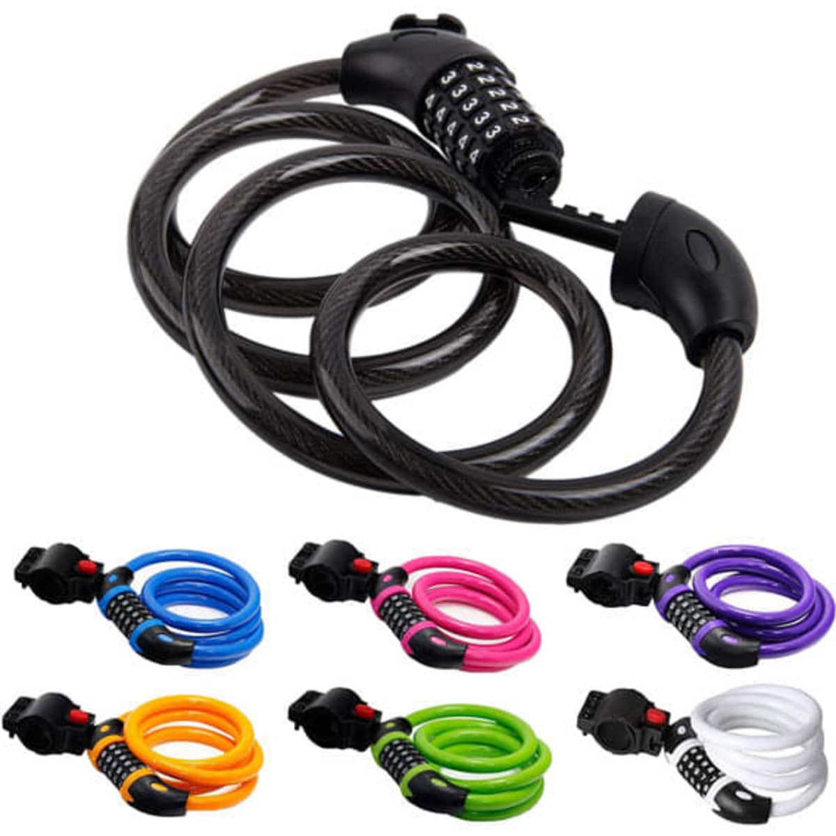 A bicycle cable lock with a combination dial, featuring multiple colours including black, orange, pink, purple, and white. It has a logo.