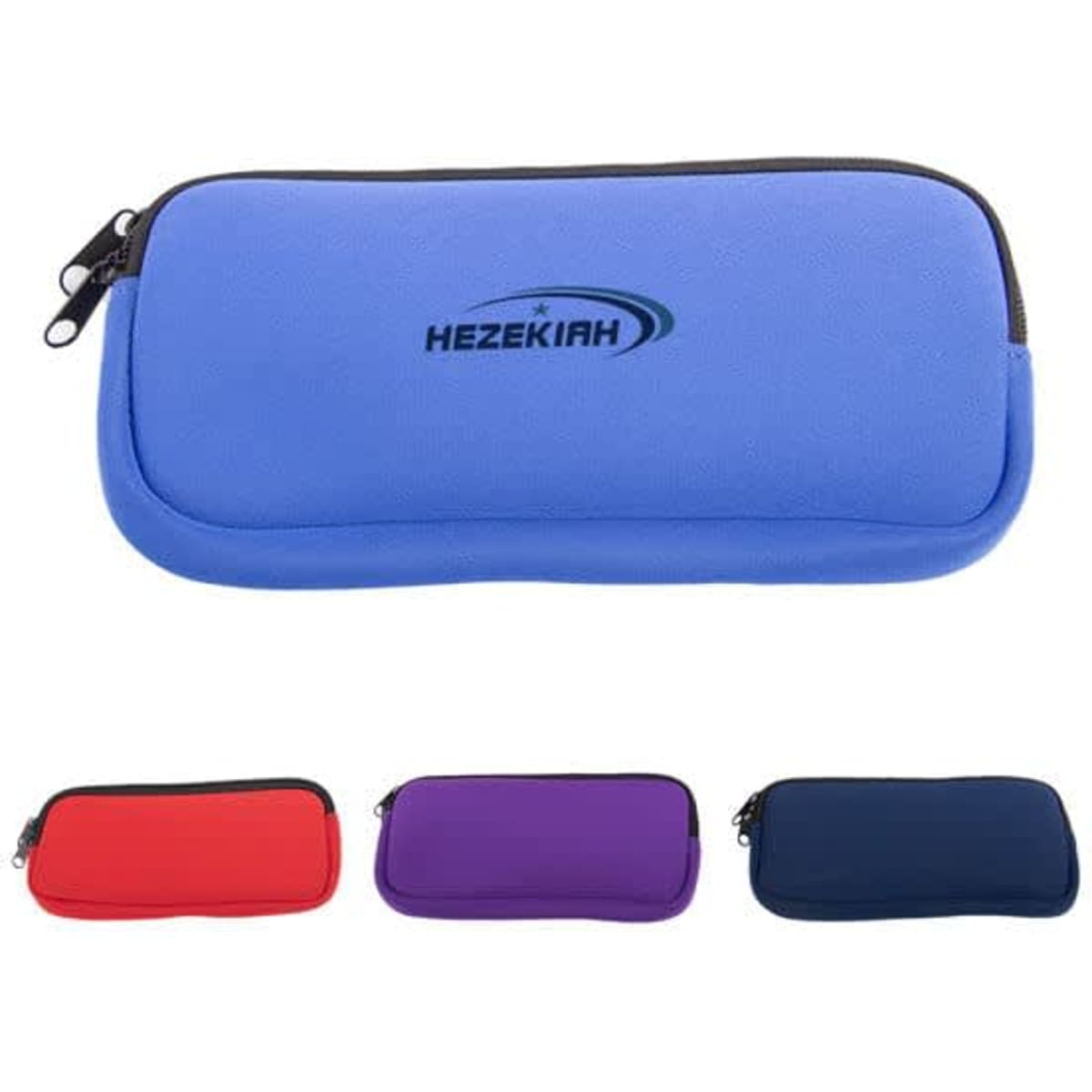 A personalised neoprene pencil case in blue, featuring a logo, with additional cases displayed in red, purple, and navy.