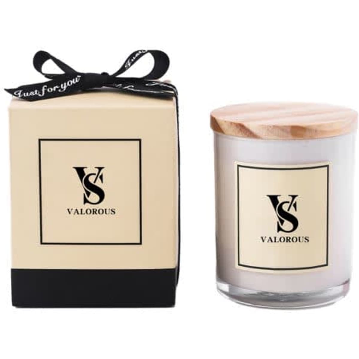 A glass scented candle with a wooden lid, packaged in a cream-coloured box, featuring a logo.